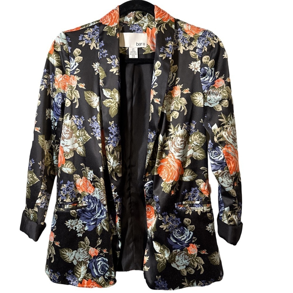 Bar III Floral Blazer Black Orange Blue Size XS Open Front Cuffed Sleeves